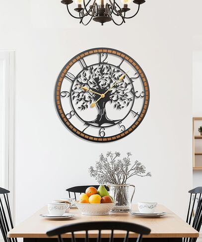 Wall Clock,32" Large Wall Clock for Living Room Decor,Tree of Life and Wooden Frame Design,Non-Ticking Battery Operated,for Dining Room,Bedroom,Kitchen,Office Arabic Decoration in Saudi Arabia