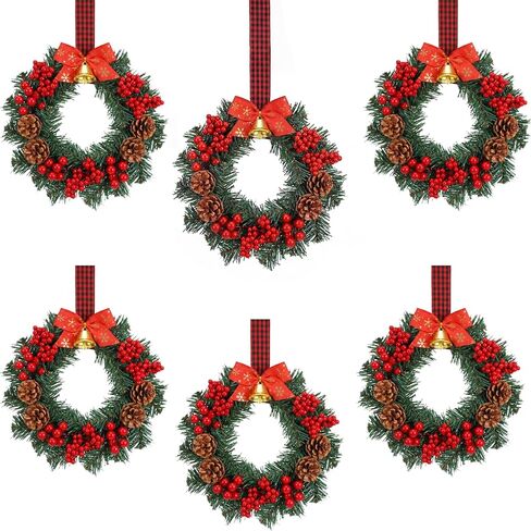 Zeyune 12 Pcs Small Christmas Wreaths for Kitchen Cabinets with Plaid Bow Ribbon Hanging Mini Christmas Cabinet Door Wreaths Decor for Kitchen Window Outdoor Indoor Holiday, 14.96 x 7.87'' in Saudi Arabia