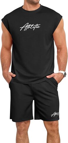 Lexiart Mens Oversize Tank Tops and Shorts Workout Sets Cut Off Muscle Gym T Shirts Summer Beach 2 Piece Outfits in Saudi Arabia