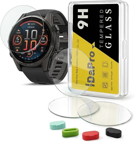 [4 عبوات] واقي شاشة لساعة Garmin Fenix ​​E مقاس 47 ملم + سدادات سيليكون مضادة للغبار، زجاج مقسى مضاد للخدش وخالي من الفقاعات in Kuwait