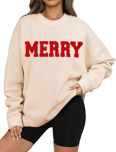 Arssm المرأة عيد ميلاد سعيد البلوز الرسم الشنيل التصحيح رسالة مطبوعة Crewneck عيد الميلاد المتضخم البلوز الأعلى in Saudi Arabia