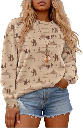 Women's Graphic Western Sweatshirts Crew Neck Long Sleeve Loose Fit Pullover in Saudi Arabia