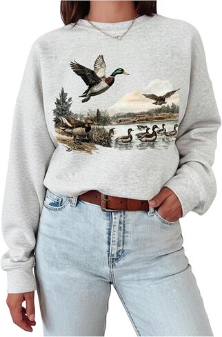 GORGLITTER المرأة حجم كبير خمر بطة جرافيك بلوزات طويلة الأكمام Crewneck الصوف البلوز القمم in Saudi Arabia
