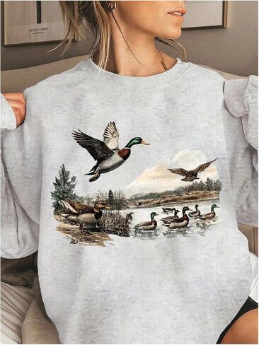 GORGLITTER المرأة حجم كبير خمر بطة جرافيك بلوزات طويلة الأكمام Crewneck الصوف البلوز القمم in Saudi Arabia