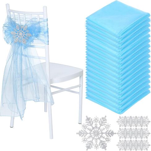 Breling 20 Set Snow Princess Chair Sashes Winter Wonderland Decorations Organza ICY Blue Dining Chair Slipcovers Bows Ribbon Silver Snowflake Glittery Ornament for Birthday Xmas Favor, 6.5" x 108" in Saudi Arabia