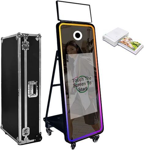 60 '' Mirror Photo Booth ، 32 '' شاشة تعمل باللمس التفاعلية مع ضوء مربع وضوء RGB ، كمبيوتر صغير مدمج ، كشك صور Magic Mirror للأحداث (أبيض ، 60 بوصة (32''screen)+كاميرا+طابعة مصغرة) in Kuwait