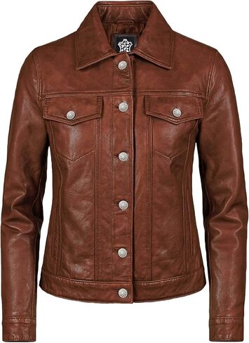 Real Lambskin Genuine Leather Jacket Women - Vintage Style Button Up Leather Trucker Jacket Women in Saudi Arabia
