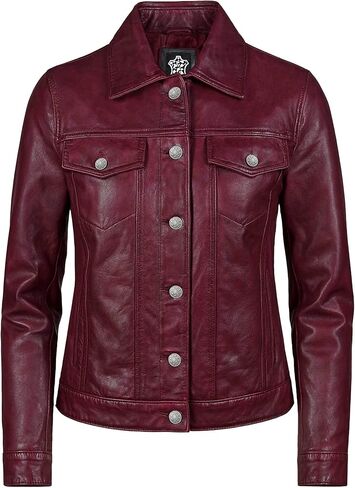 Real Lambskin Genuine Leather Jacket Women - Vintage Style Button Up Leather Trucker Jacket Women in Saudi Arabia