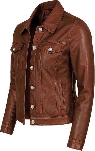 Real Lambskin Genuine Leather Jacket Women - Vintage Style Button Up Leather Trucker Jacket Women in Saudi Arabia