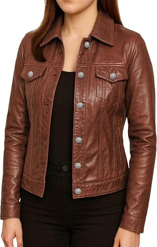 Real Lambskin Genuine Leather Jacket Women - Vintage Style Button Up Leather Trucker Jacket Women in Saudi Arabia
