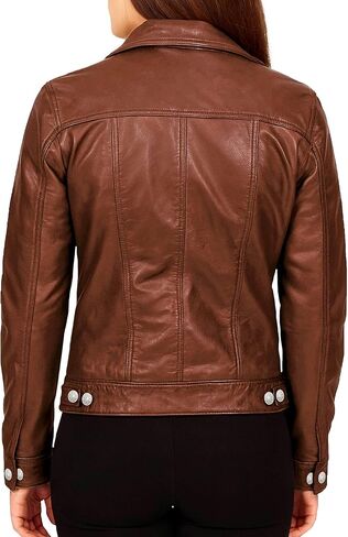 Real Lambskin Genuine Leather Jacket Women - Vintage Style Button Up Leather Trucker Jacket Women in Saudi Arabia