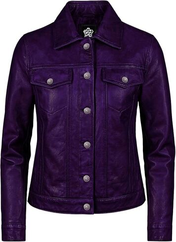 Real Lambskin Genuine Leather Jacket Women - Vintage Style Button Up Leather Trucker Jacket Women in Saudi Arabia