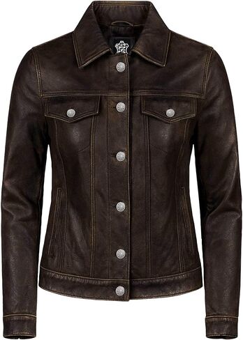Real Lambskin Genuine Leather Jacket Women - Vintage Style Button Up Leather Trucker Jacket Women in Saudi Arabia