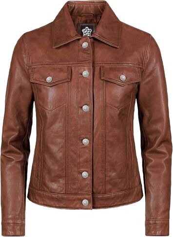 Real Lambskin Genuine Leather Jacket Women - Vintage Style Button Up Leather Trucker Jacket Women in Saudi Arabia