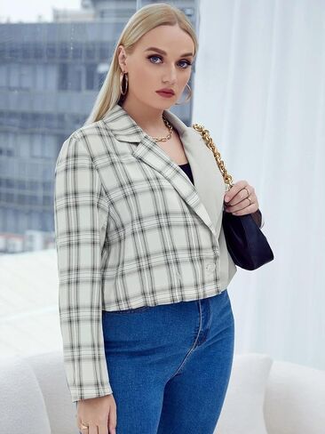 Women’s Plus Size Plaid Flannel Shirt Jacket Long Sleeve Cropped Button Down Fall Fashion Tops in Saudi Arabia