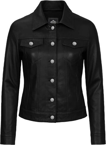 Real Lambskin Genuine Leather Jacket Women - Vintage Style Button Up Leather Trucker Jacket Women in Kuwait
