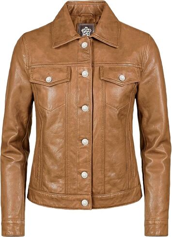 Real Lambskin Genuine Leather Jacket Women - Vintage Style Button Up Leather Trucker Jacket Women in Saudi Arabia