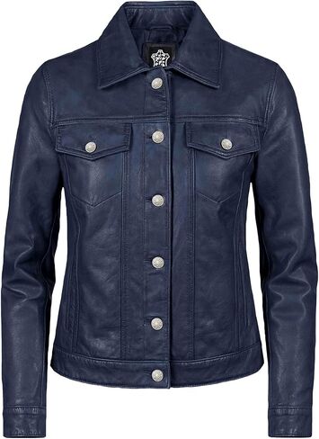 Real Lambskin Genuine Leather Jacket Women - Vintage Style Button Up Leather Trucker Jacket Women in Saudi Arabia