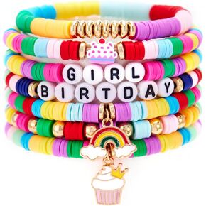 Colorful Happy Birthday Surfer Heishi Clay Friendship Stackable Bracelets Bohemian Multilayer Rainbow Birthday Cake Flower Gold Beads Preppy Stretch Bracelet for Women Party Celebration Jewelry in Kuwait