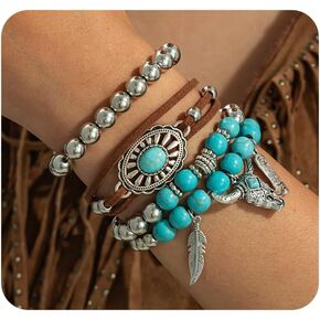 Western Turquoise Beaded Bracelet for Women,Silver Beads Stretch Bracelet for Cowboy Cowgirl,Brown Leather Turquoise Stackable Bracelets in Kuwait