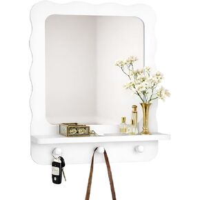 Wood Wall Mount Mirror with Shelf and 3 Hooks, 16 x 12 Inch Modern Scallop Decorative Entryway Mirror for Living Room, Bathroom, Bedroom, Vanity, Black in Saudi Arabia