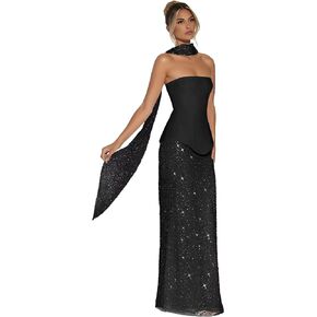 Satin Mermaid Strapless Prom Dresses 2026 Women Long Sequin Evening Gown with Scarf Sparkly Formal Party Dress in Saudi Arabia
