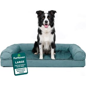سرير الكلب العظمي في Furhaven للكلاب الكبيرة/ المتوسطة مع مدفوعات قابلة للإزالة وغطاء قابل للغسل ، للكلاب التي تصل إلى 55 رطلاً - أريكة أفخم ومجلد من جلد الغزال - حمام سباحة عميق ، كبير in Kuwait