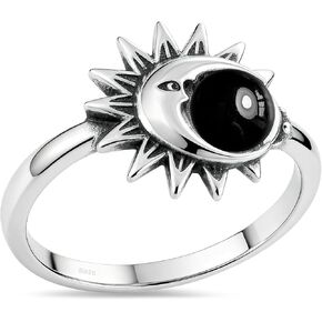Retro Sterling Silver Sun Moon Natural Stone Boho Ring,Dainty Vintage Oval Real Genuine Crystal Gemstone Bohemian Statement Ring Jewelry for Women Her in Saudi Arabia