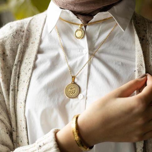 ZUDO Allah Medallion Necklace – 18K Gold, 18K Rose Gold, Silver Rhodium & Black PVD Coated Stainless Steel - 1mm Cable Chain & 3mm Curb Chain – Islamic Necklace for Men & Women, Thoughtful Gift in Saudi Arabia