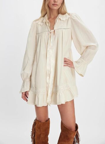 Long Sleeve Babydoll Dresses Women Fall V Neck Lace Trim Mini Dress Flowy Puff Sleeve Tie Front A-Line Tunic Dress in Saudi Arabia