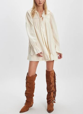 Long Sleeve Babydoll Dresses Women Fall V Neck Lace Trim Mini Dress Flowy Puff Sleeve Tie Front A-Line Tunic Dress in Saudi Arabia