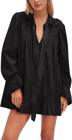 Long Sleeve Babydoll Dresses Women Fall V Neck Lace Trim Mini Dress Flowy Puff Sleeve Tie Front A-Line Tunic Dress in Saudi Arabia