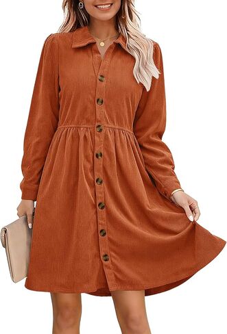 Alaster Queen Women's Corduroy Dresses Long Sleeve Fall Shirt Button Down Back Tiered Short Work Dress with Pocket in Kuwait
