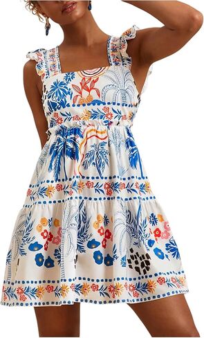 Women's Tropical Graphic Ruffle Short Dresses Square Neck Sleeveless Vacation Summer Tank Dress in Saudi Arabia