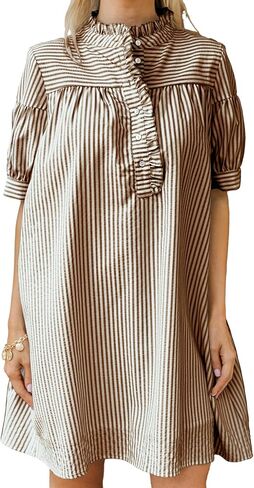BLENCOT Womens Button Down Shirt Dresses Casual Striped Cotton Stand Collar Ruffle Puff Sleeve Summer Mini Dress in Saudi Arabia