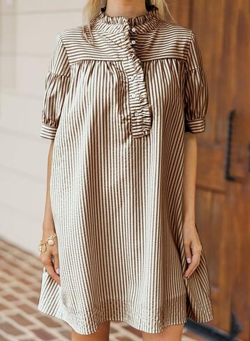 BLENCOT Womens Button Down Shirt Dresses Casual Striped Cotton Stand Collar Ruffle Puff Sleeve Summer Mini Dress in Saudi Arabia