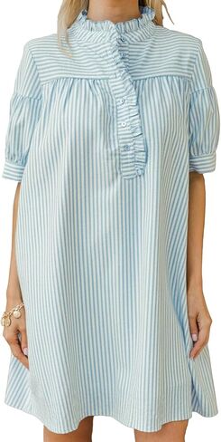 BLENCOT Womens Button Down Shirt Dresses Casual Striped Cotton Stand Collar Ruffle Puff Sleeve Summer Mini Dress in Saudi Arabia