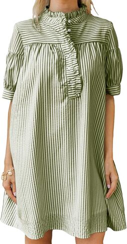 BLENCOT Womens Button Down Shirt Dresses Casual Striped Cotton Stand Collar Ruffle Puff Sleeve Summer Mini Dress in Saudi Arabia