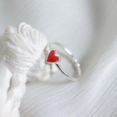 Cute Red Enamel Love Heart Open Statement Ring for Women Silver Dainty Sweet Minimalist Thin Tiny Adjustable Stacking Knuckle Finger Engagement Rings Jewelry for Daughter Her in Saudi Arabia