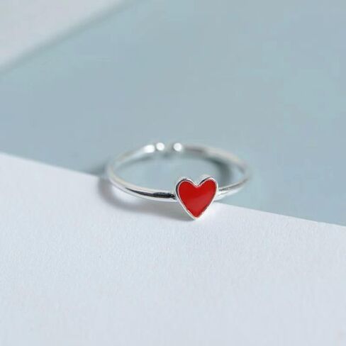 Cute Red Enamel Love Heart Open Statement Ring for Women Silver Dainty Sweet Minimalist Thin Tiny Adjustable Stacking Knuckle Finger Engagement Rings Jewelry for Daughter Her in Saudi Arabia