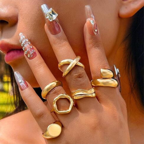 Trendy Geometric Smooth Open Ring Set for Women, Exaggerated Curved Metal Knuckle Rings Jewelry in Saudi Arabia