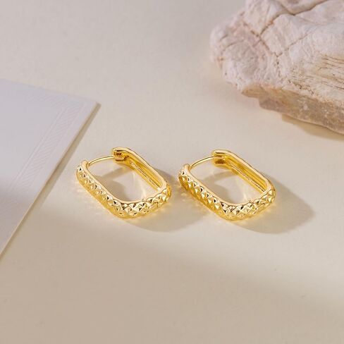 Gold Hoop Earrings for Women 14K Gold Earrings for Women Square Hoop Earring for Womens Square Shape with Rhombic Sculpture Womens Hoops Earring 20mm in Saudi Arabia