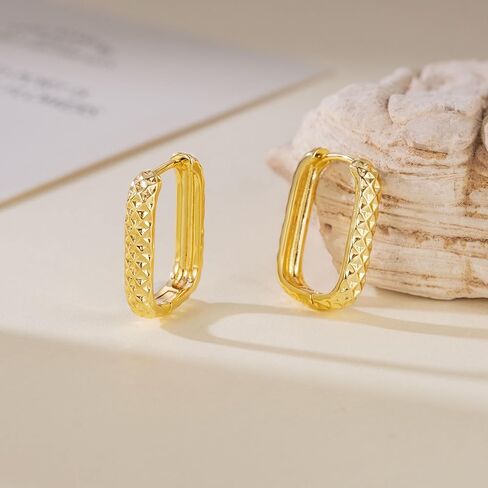 Gold Hoop Earrings for Women 14K Gold Earrings for Women Square Hoop Earring for Womens Square Shape with Rhombic Sculpture Womens Hoops Earring 20mm in Saudi Arabia