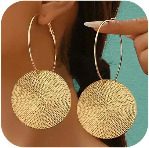 Large Gold Boho Disc Hoop Earrings for Women Vintage Thick Big Hammered Circle Dangle Hoops Earring Chunky Oversized Round Coin Statement Jewelry in Saudi Arabia