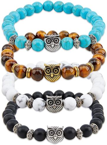 SUPERFINDINGS 4 Styles Owl Bracelets Set Healing Energy Lucky Stone Bracelets Owl Charm Beaded Bracelets Stretch Anxiety Bracelet Set Couple Bracelets Gifts for Women in Saudi Arabia