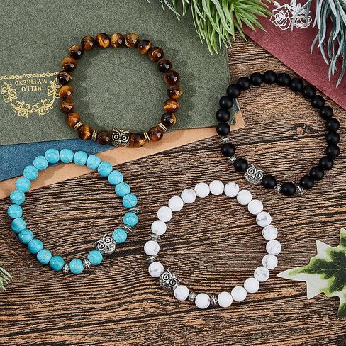 SUPERFINDINGS 4 Styles Owl Bracelets Set Healing Energy Lucky Stone Bracelets Owl Charm Beaded Bracelets Stretch Anxiety Bracelet Set Couple Bracelets Gifts for Women in Saudi Arabia