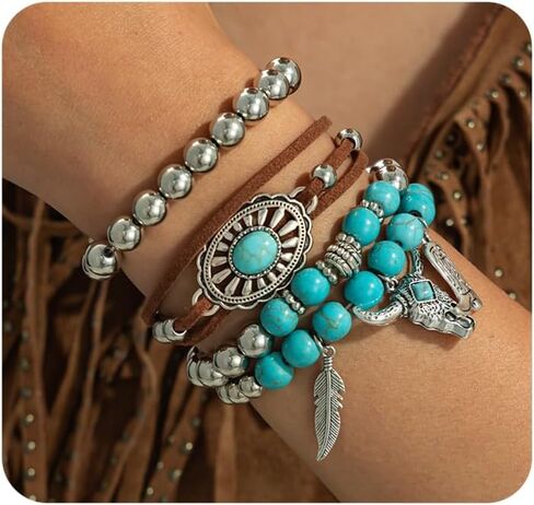 Western Turquoise Beaded Bracelet for Women,Silver Beads Stretch Bracelet for Cowboy Cowgirl,Brown Leather Turquoise Stackable Bracelets in Kuwait