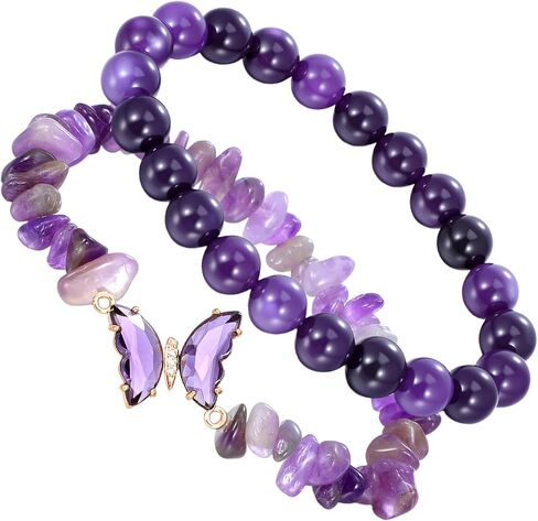 2Pcs Purple Butterfly Bracelets for Women Beaded Bracelet Irregular Gemstone Beaded Jewelry Stretch Cute Layered Bracelets Charm Accessories for Birthday Adults Ladies Gift in Saudi Arabia