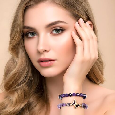 2Pcs Purple Butterfly Bracelets for Women Beaded Bracelet Irregular Gemstone Beaded Jewelry Stretch Cute Layered Bracelets Charm Accessories for Birthday Adults Ladies Gift in Saudi Arabia