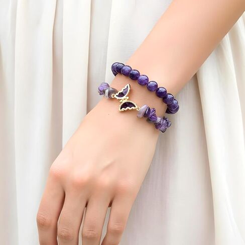 2Pcs Purple Butterfly Bracelets for Women Beaded Bracelet Irregular Gemstone Beaded Jewelry Stretch Cute Layered Bracelets Charm Accessories for Birthday Adults Ladies Gift in Saudi Arabia
